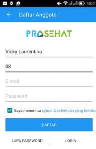 Registrasi di aplikasi Android ProSehat dengan memasukkan nama, nomor telepon, dan alamat e-mail.