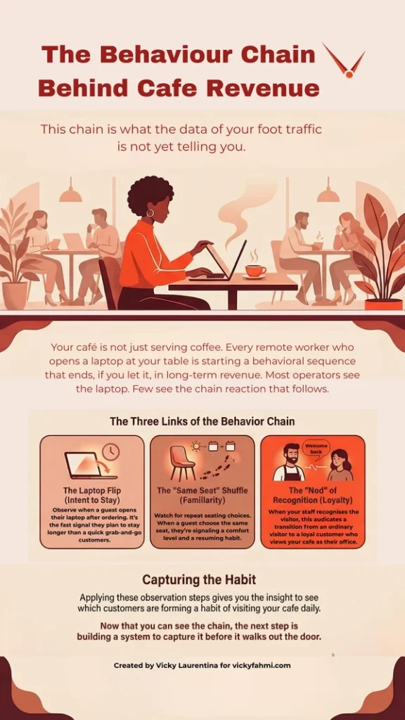 The infographic of framework shows how the behaviour of people who work from cafe become a revenue: Supporting ambience sustains coworkers in the cafe.  Longer stay to work increases average spend. Sustained exposures create familiarity over time. Social environment brings emotional attachment.