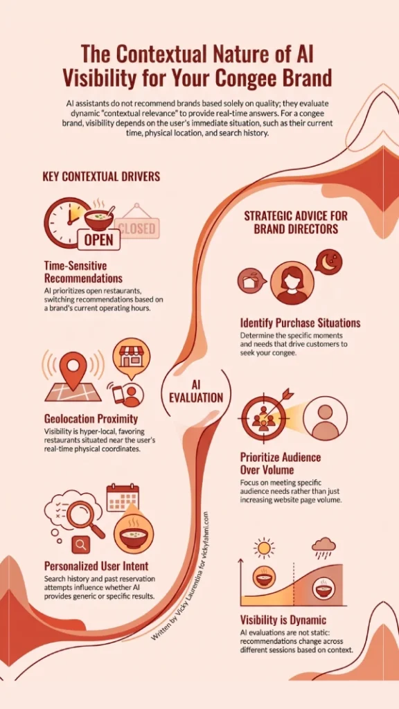 Infographic about Contextual nature of AI visibility for a congee brand by Vicky LaurentinaAI assistants evaluate dynamic contextual relevance to provide real-time answers. For a congee brand, visibility depends on the user's immediate situation, such as their current time, physical location, and search history.The key contextual drivers for AI visibility are:
- time-sensitive recommendations. AI prioritizes open restaurants, switching recommendations based on a brand's current operating hours.
- geolocation proximity. Visibility is hyper-local, favoring restaurants situated near the user's real-time physical coordinates.
- personalized user intent. Search history and past reservation attempts influence whether AI provides generic or specific results.What strategic actions should you prioritize to strengthen long-term AI visibility?
1. Identify purchase situations. Determine the specific moments and needs that drive customers to seek your congee.
2. Prioritize audience over volume. Focus on meeting specific audience needs rather than just increasing website page volume.Visibility is dynamic. AI evaluations will give recommendations, and recommendations change across different sessions based on context.