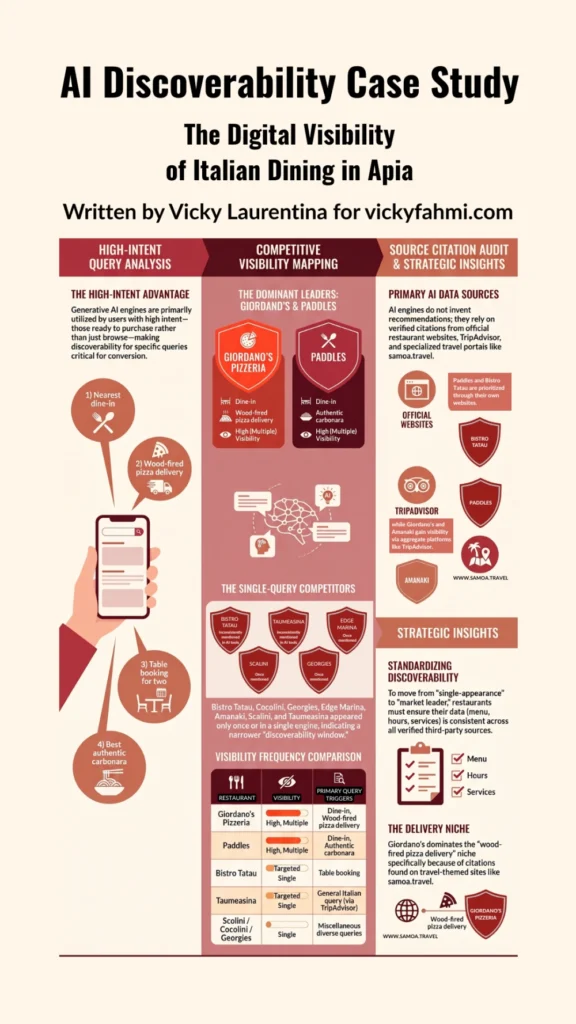 Infographic about my experiment in observing the AI visibility of Italian dining in Apia.
The experiment showed how only two restaurants succeed optimising their brands to be visible for high-intent customers.