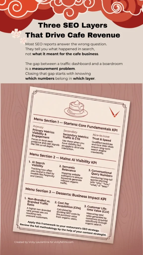 An infographic showed three types of KPI-s for a cafe website: Core fundamental KPI, AI visibility KPI, and business impact KPI.Core Fundamentals KPIExperienced marketers are usually familiar with this kind of KPI. This can be:Primary core fundamental KPI-s: Search visibility and engagement.
Secondary core fundamental KPI: Organic traffic and Click-through rate (CTR).Nice-to-have core fundamental KPIs: Backlinks and Core Web Vital score.AI Visibility KPI
Example of AI visibility KPI-s: AI search visibility, semantic relevance, and conversational query numbers.Business Impact KPI. Examples:
Traffic ratio between non-branded and branded queries, cost per acquisition, and customer lifetime value.