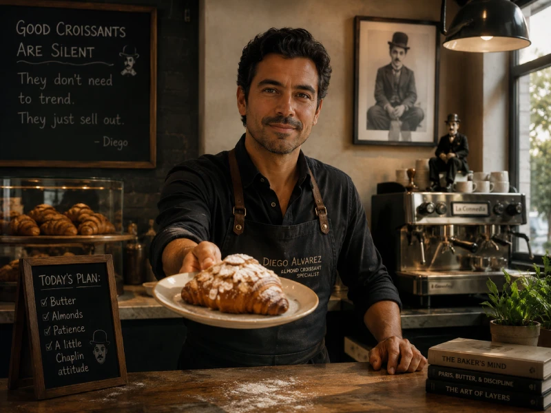 A baker is serving almond croissant while considering what KPIs he will expect in his brand SEO.
