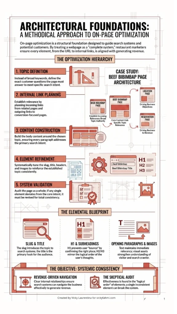 The infographic describes the hierarchy of on-page optimization process.How to prioritize tasks in on-page optimization:1. Determine the page's topic first.
Describe the exact customer questions the page should answer. Selecting keywords alone tends to be ineffective these days, especially keywords whose scope is too broad.2. Connect the page you want to optimize with related pages.
Plan incoming links, then create outgoing ones as well. Avoid linking from irrelevant pages.3. Build content around the chosen topic.
Write the page so that every element addresses the similar search intent.4. Refine other page elements.
Improve the slug, title, H1, H2, H3, first paragraph, and images. All of these elements need to be arranged to consistently reinforce the established topic.5. Validate the page as a complete system.
Review whether every element communicates the same topic to readers and the search system. If even one element leads to a different intent, revise it until the interpretation is completely consistent.Slug introduces the page's topic to the search system.
Title attracts the targeted audience from the search engine.
H1 maintains the engagement of the audience who have already arrived and prevents them from bouncing.
Subheadings help the search system match the logical order of the content to the visitor's thinking.
Opening paragraphs preserve the visitor's relevancy.